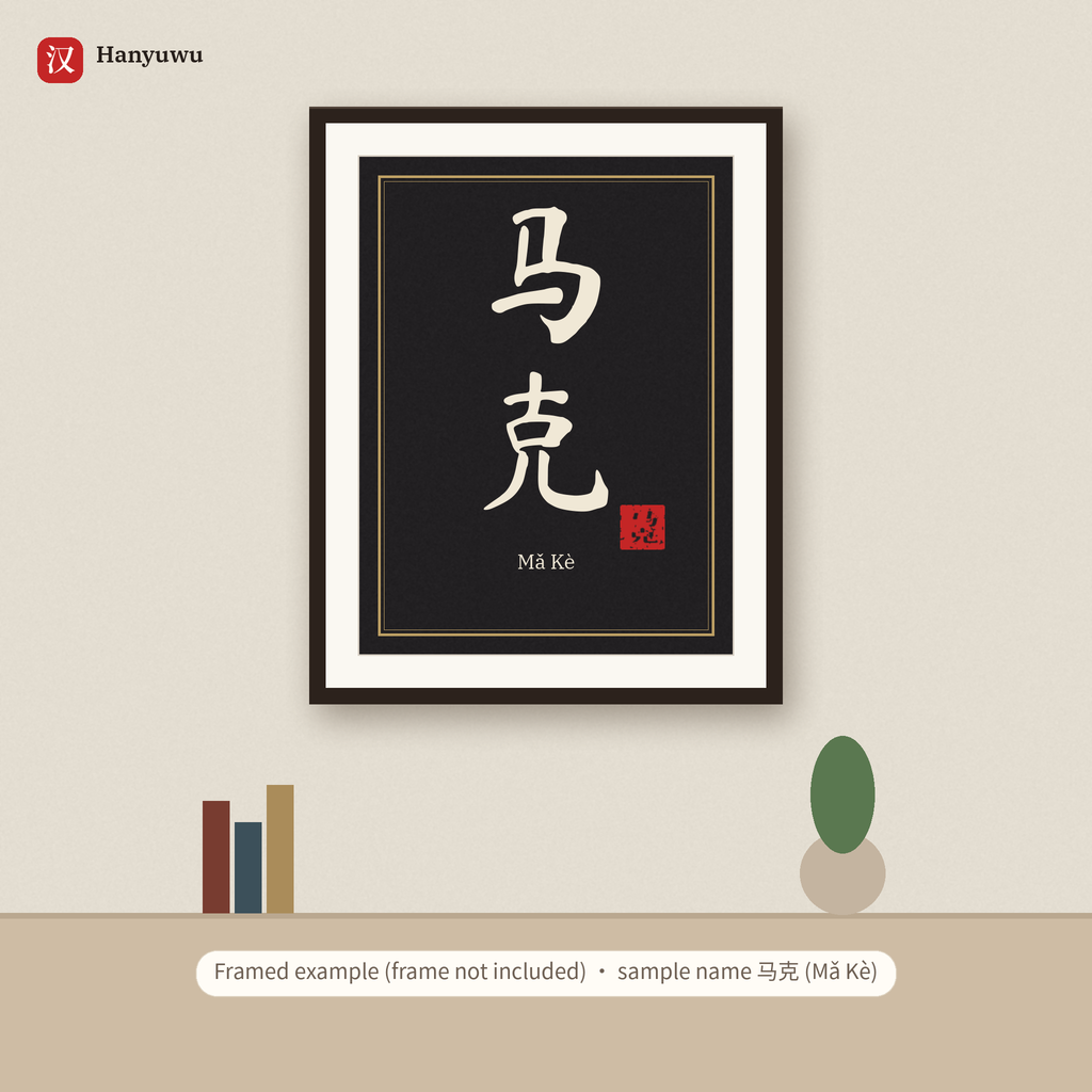Framed name poster on a wall