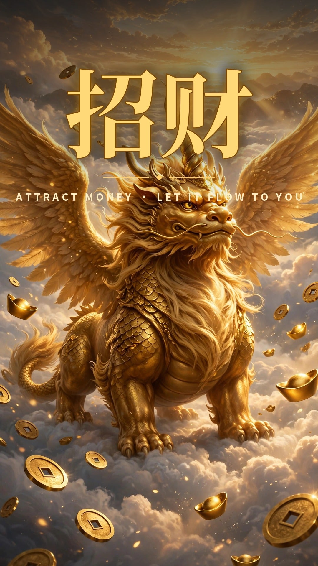 Golden Pixiu attract-money wallpaper with calligraphy