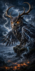 Sample custom Shan Hai Jing beast — Xuǎnxiāo, a storm owl with bronze antlers and lantern eyes, forged for a night-owl dreamer