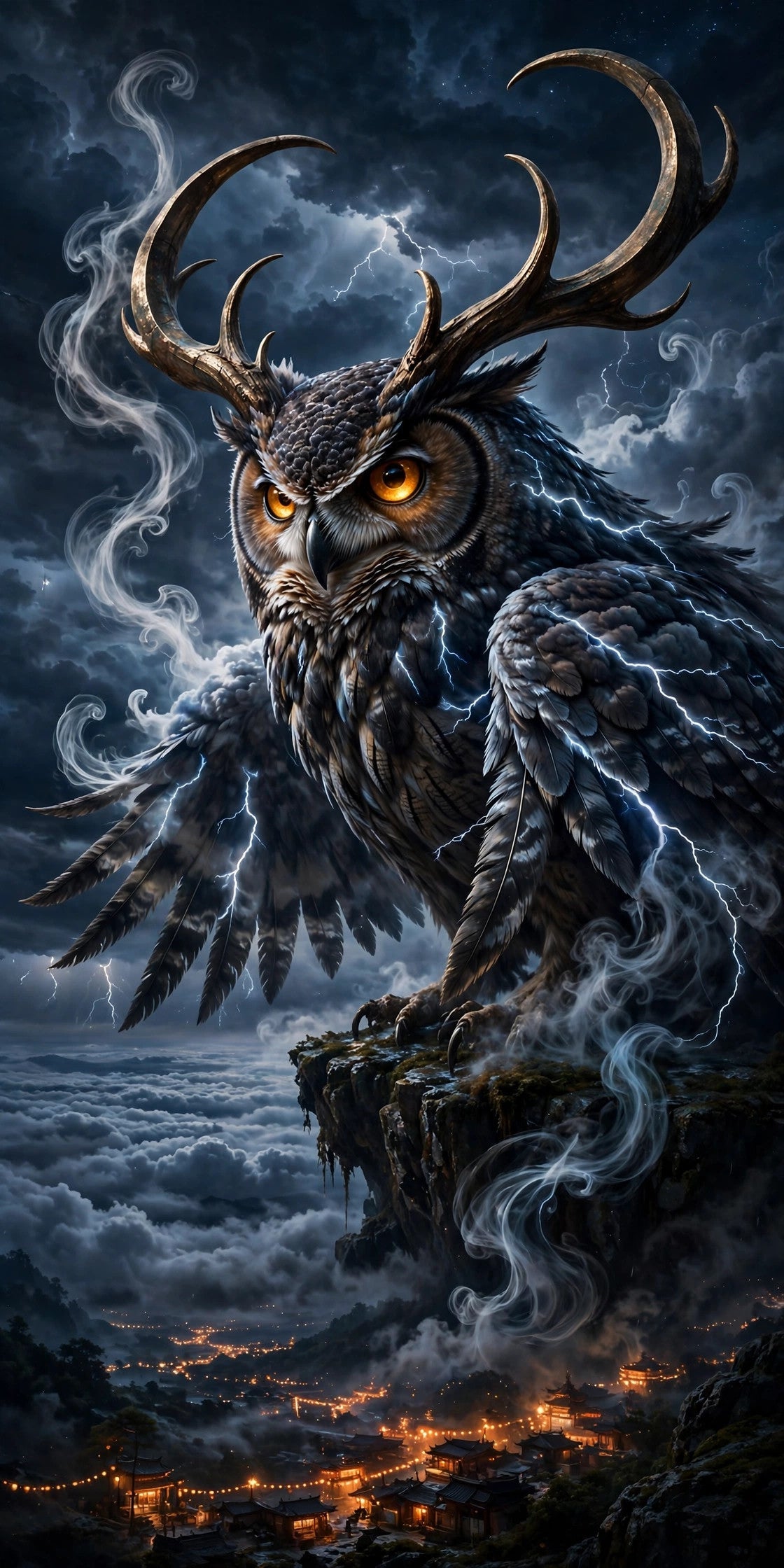 Sample custom Shan Hai Jing beast — Xuǎnxiāo, a storm owl with bronze antlers and lantern eyes, forged for a night-owl dreamer