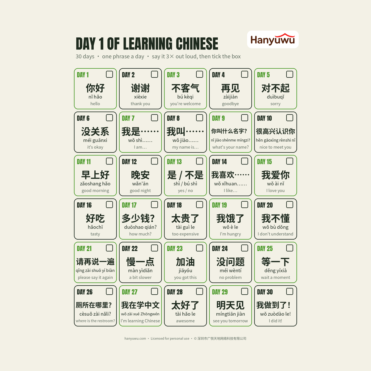 Day 1 of Learning Chinese — 30-Day Tracker + Lock Screens