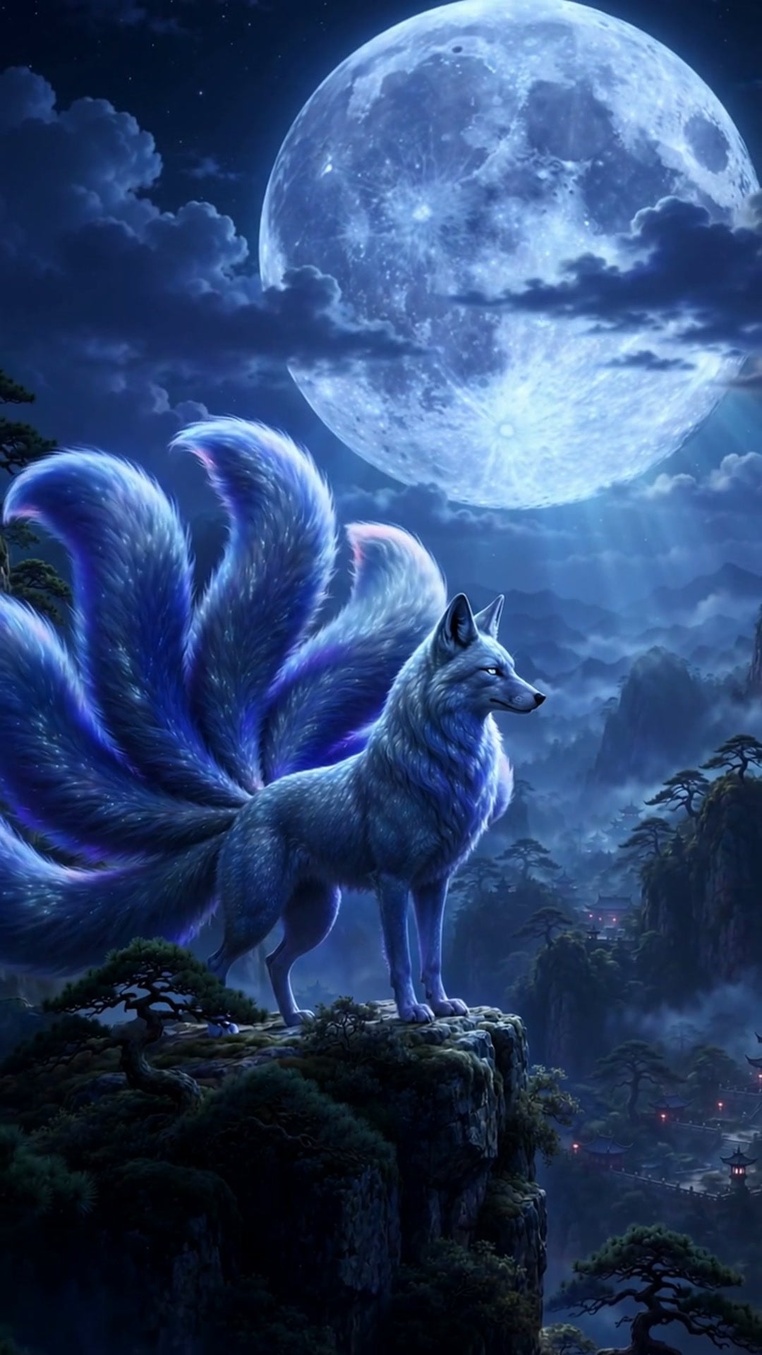 Nine-Tailed Fox under the full moon