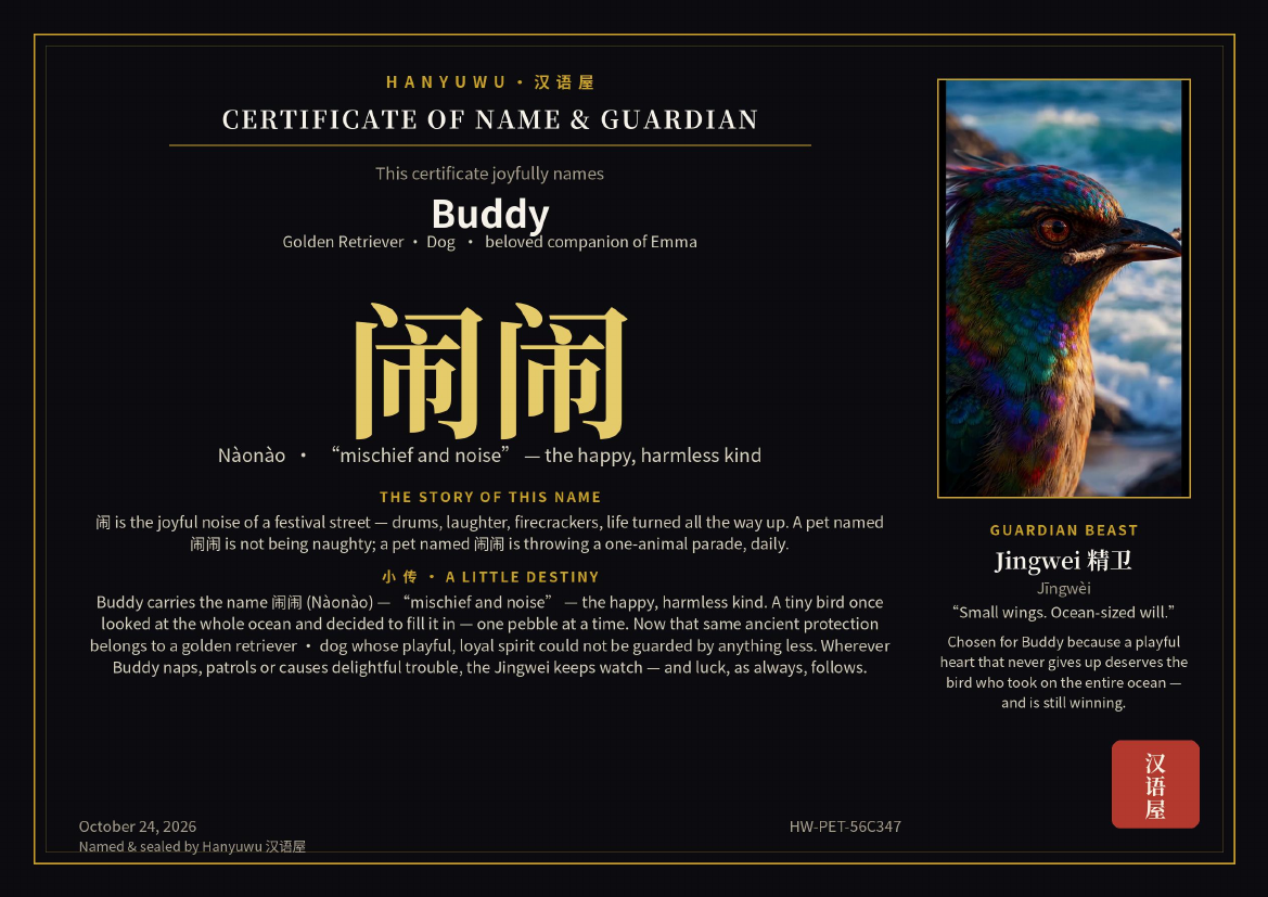 Pet name certificate sample — preview