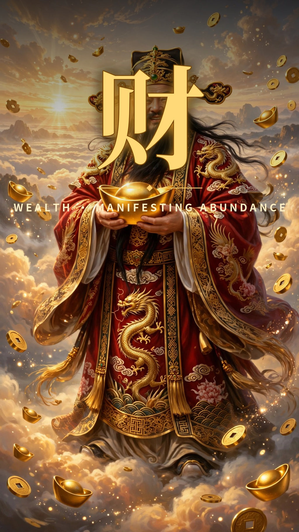 Caishen God of Wealth lucky wallpaper with golden Wealth character